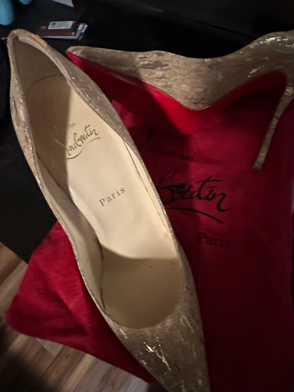 Christian Louboutin Nude Patent Pointed Toe Stiletto with Gold Fleck - Picture 7 of 8